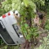 ISTIMEWA TERGULING: Sebuah mobil Daihatsu Luxio angkutan karyawan Tekwang Subang harus terguling di Blok Haurp
