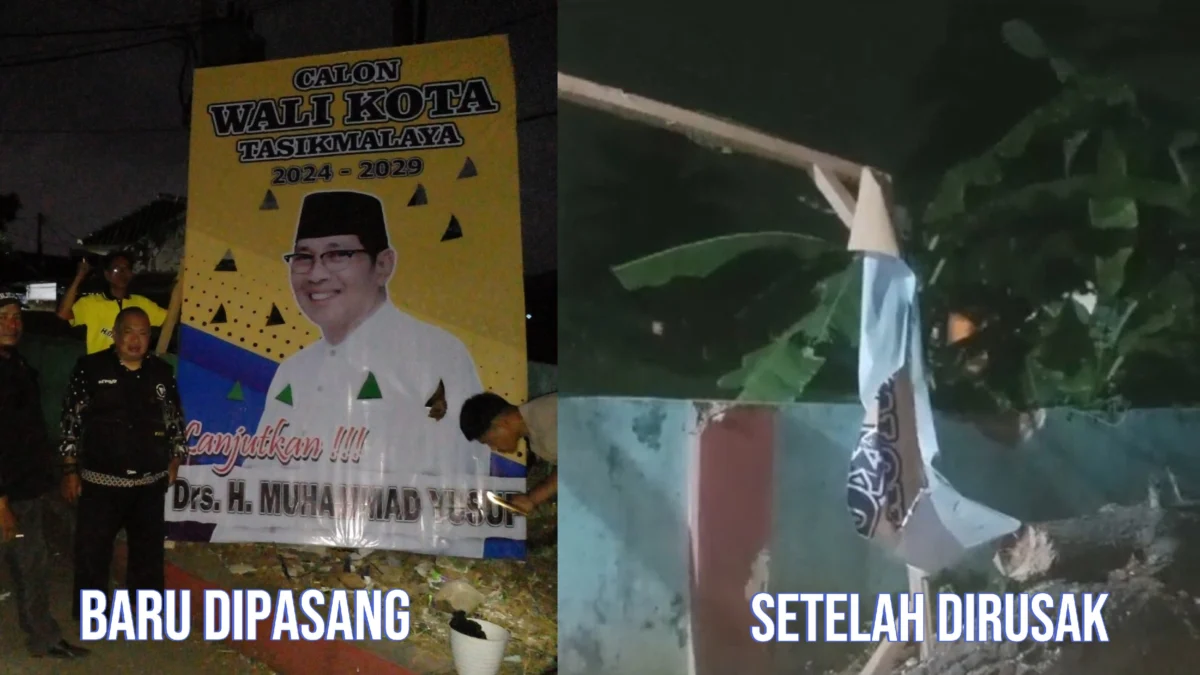 Kolase foto baliho kandidat Pilkada Kota Tasikmalaya H M Yusuf saat pemasangan dan setelah dirusak
